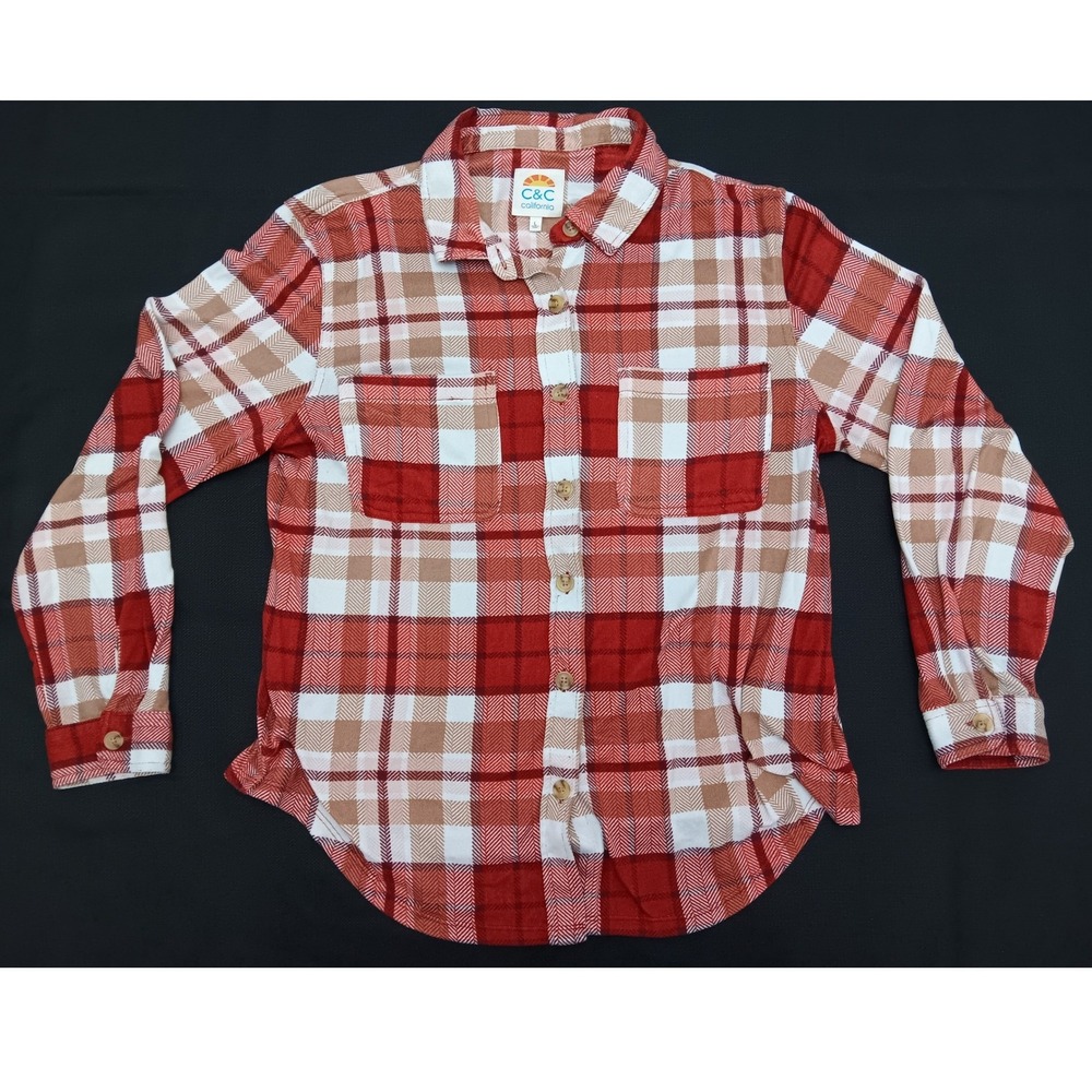 C&C California Womens Red Plaid Button Down Shirt Large Stretch Knit Flannel L - Picture 1 of 9